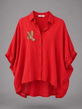 KESARI Red Linen Balloon Shirt by Subhai Apparel